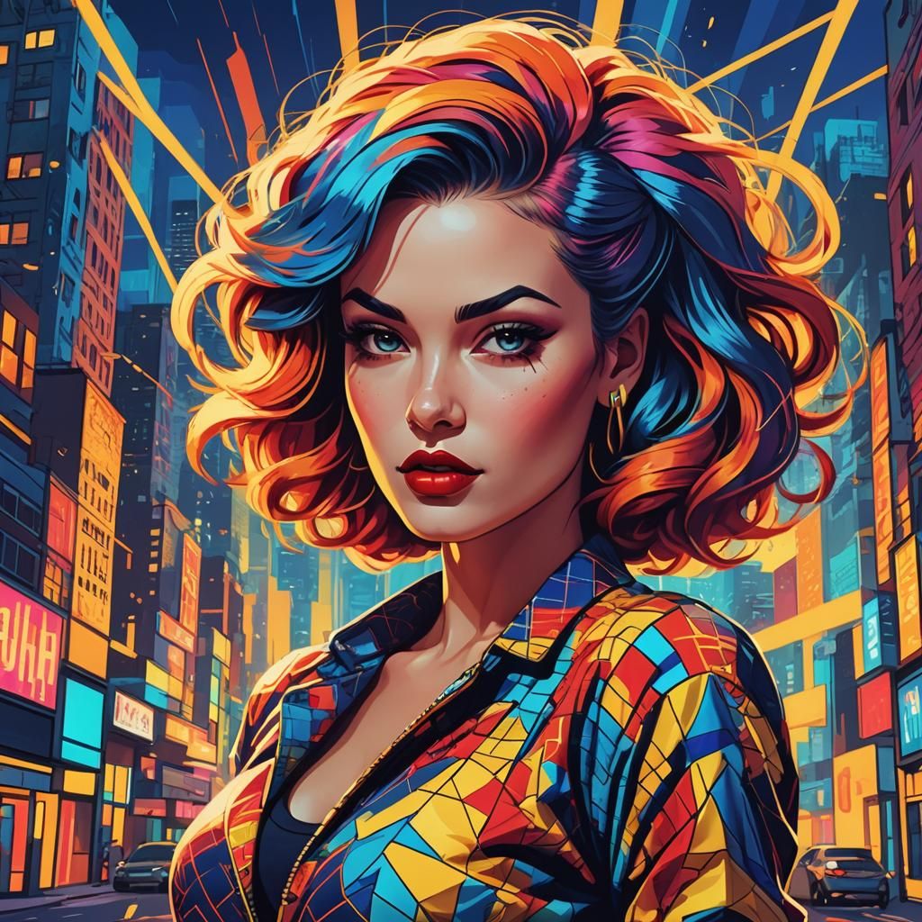 Pop Art Pin-Up Girl in Geometric Cityscape