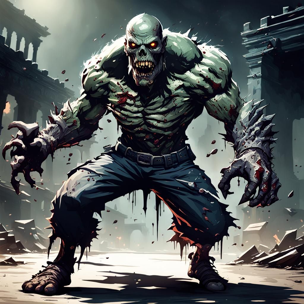 Battle-Ready Man Fighting Zombies in Anime Style