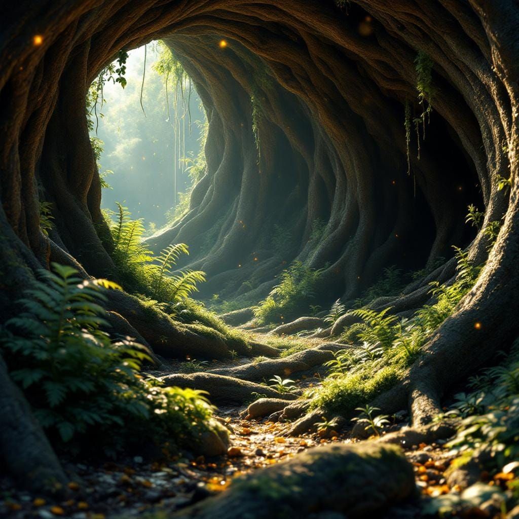 Hidden Grove Inside Ancient Tree Trunk: Cinematic Lighting