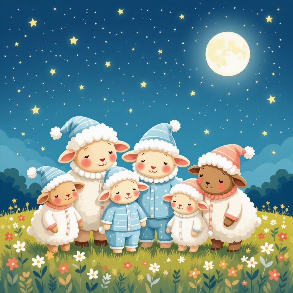Felt Sheep Family Under Starry Sky, Children's Book Style