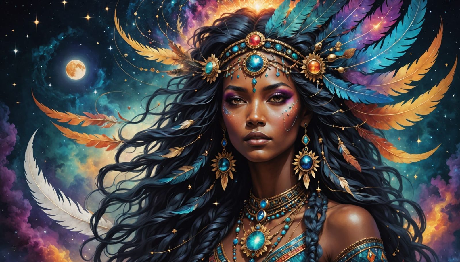 Cosmic Shamaness with Smoking Hair and Feather