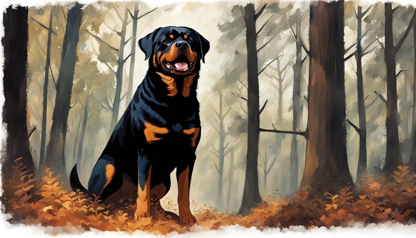 Sinister Rottweiler in Sunny Forest, Greg Rutkowski Style