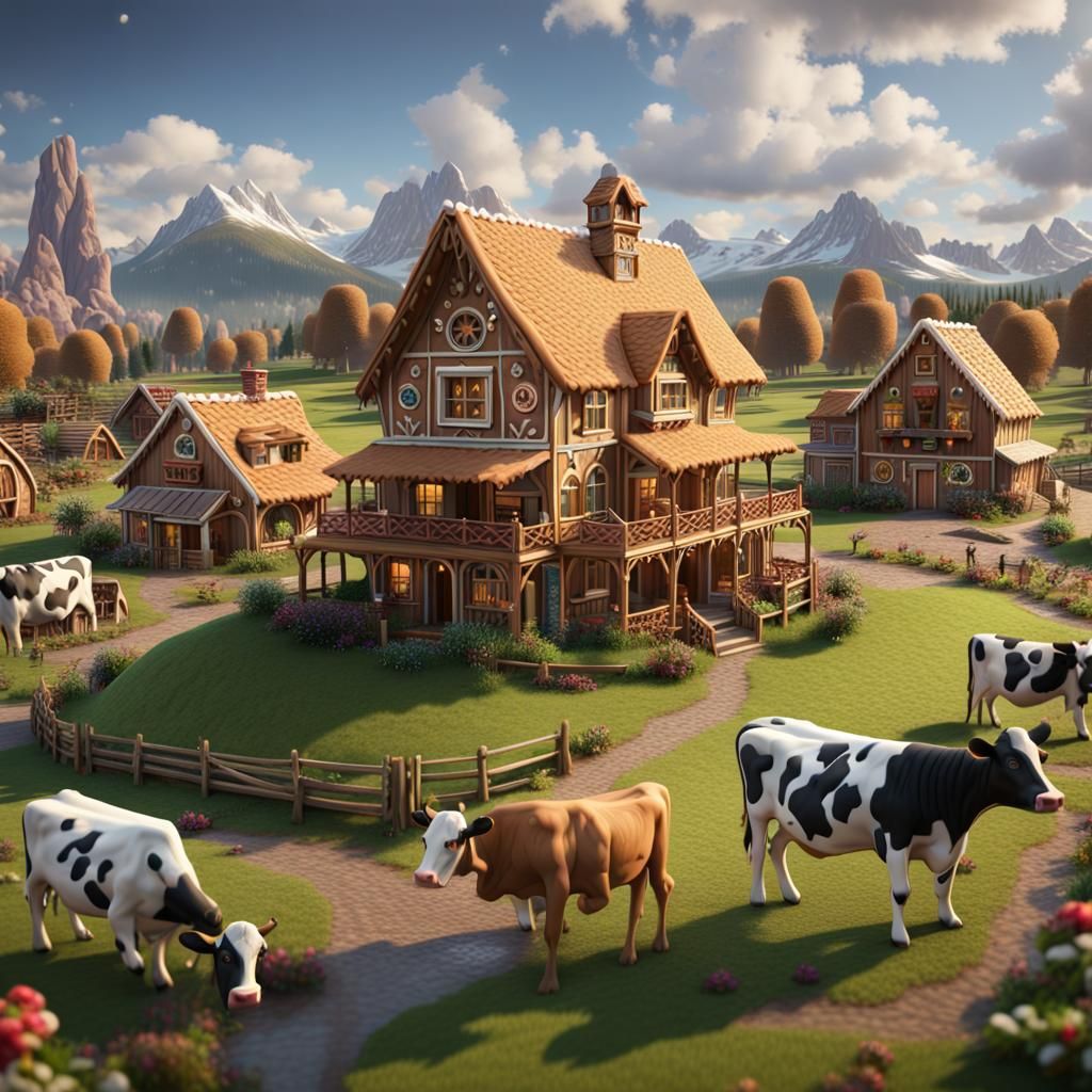 Gingerbread Farm Landscape with Cows in Matte Painting Style