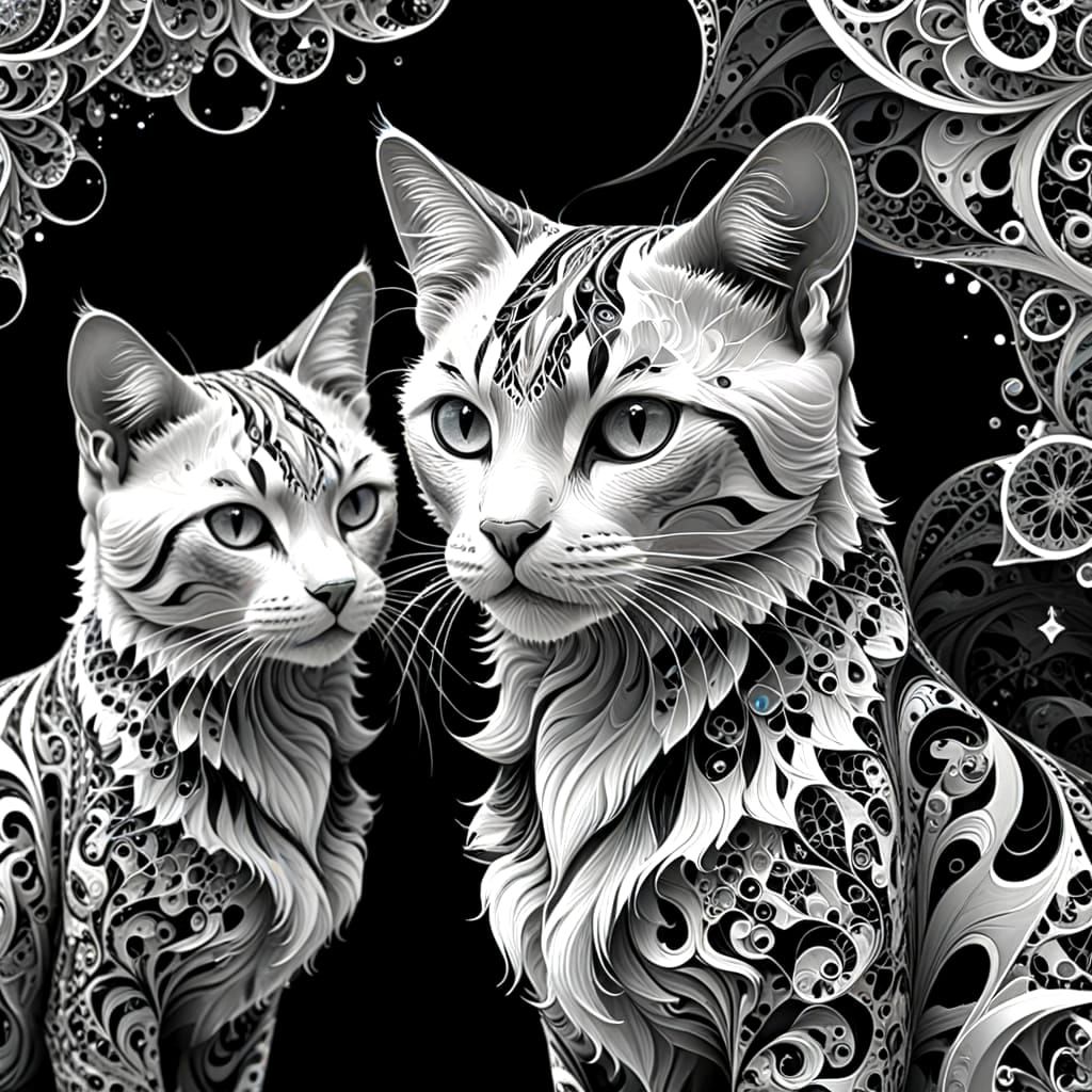 Vibrant Ink Drawings of Cats in Abstract Fractal Style