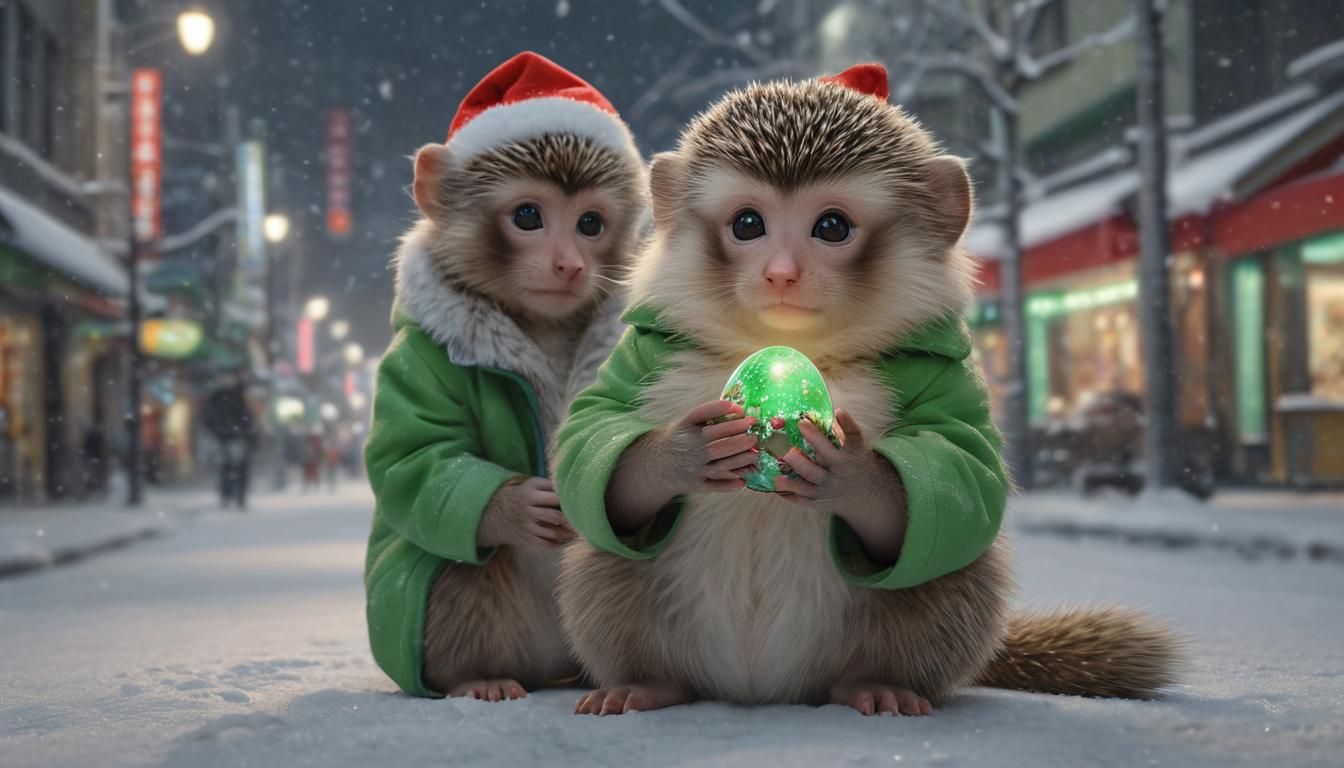 my cute little fluffy monkey was sitting on the street holding a faberge egg in one hand