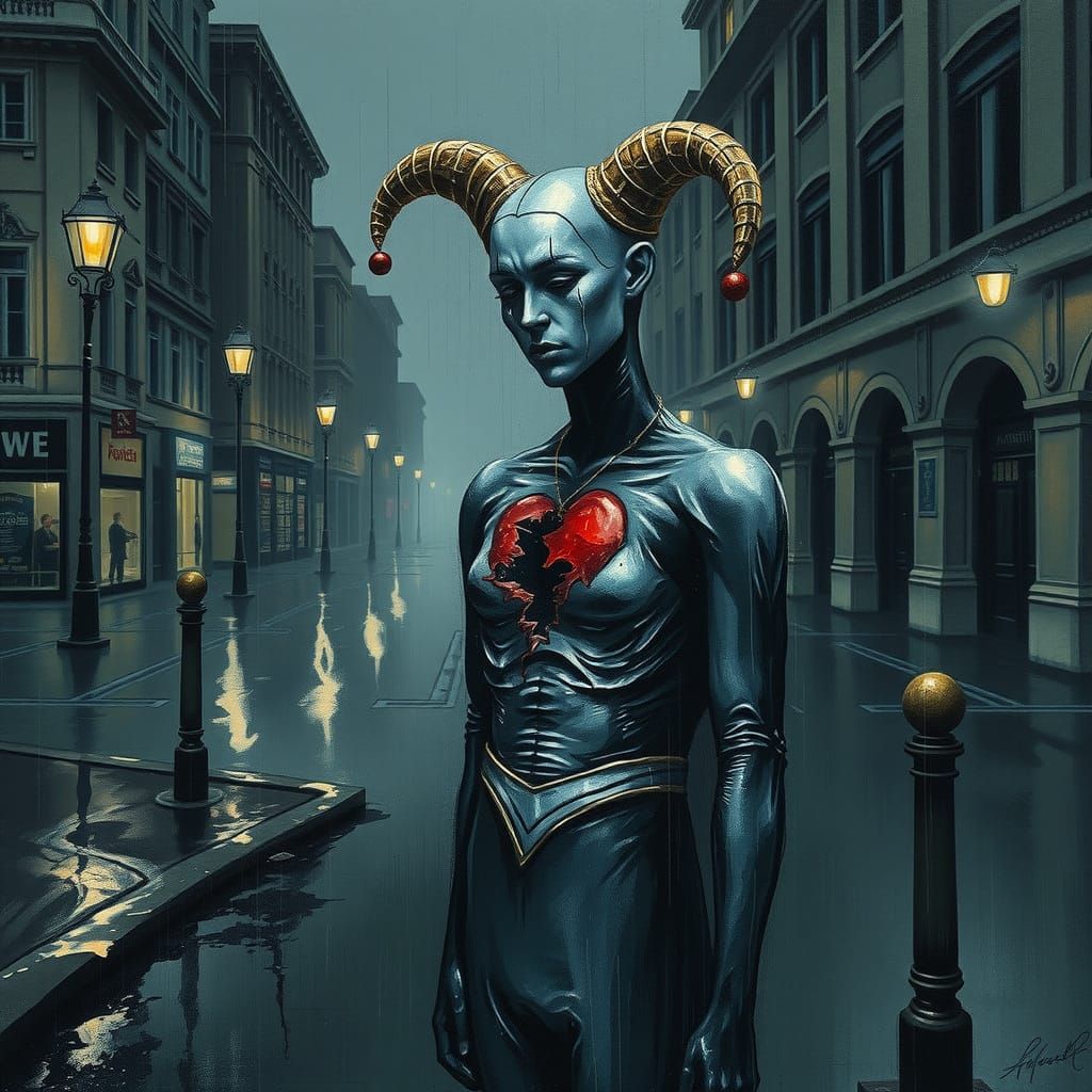 Sorrowful Harlequin in Somber Expressionist Style