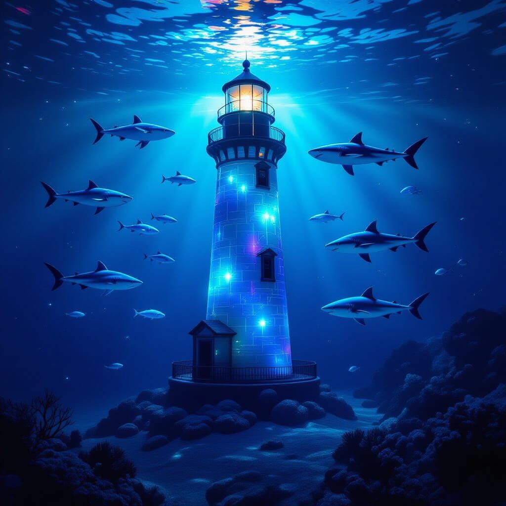 Bioluminescent Lighthouse Underwater with Shark Ships