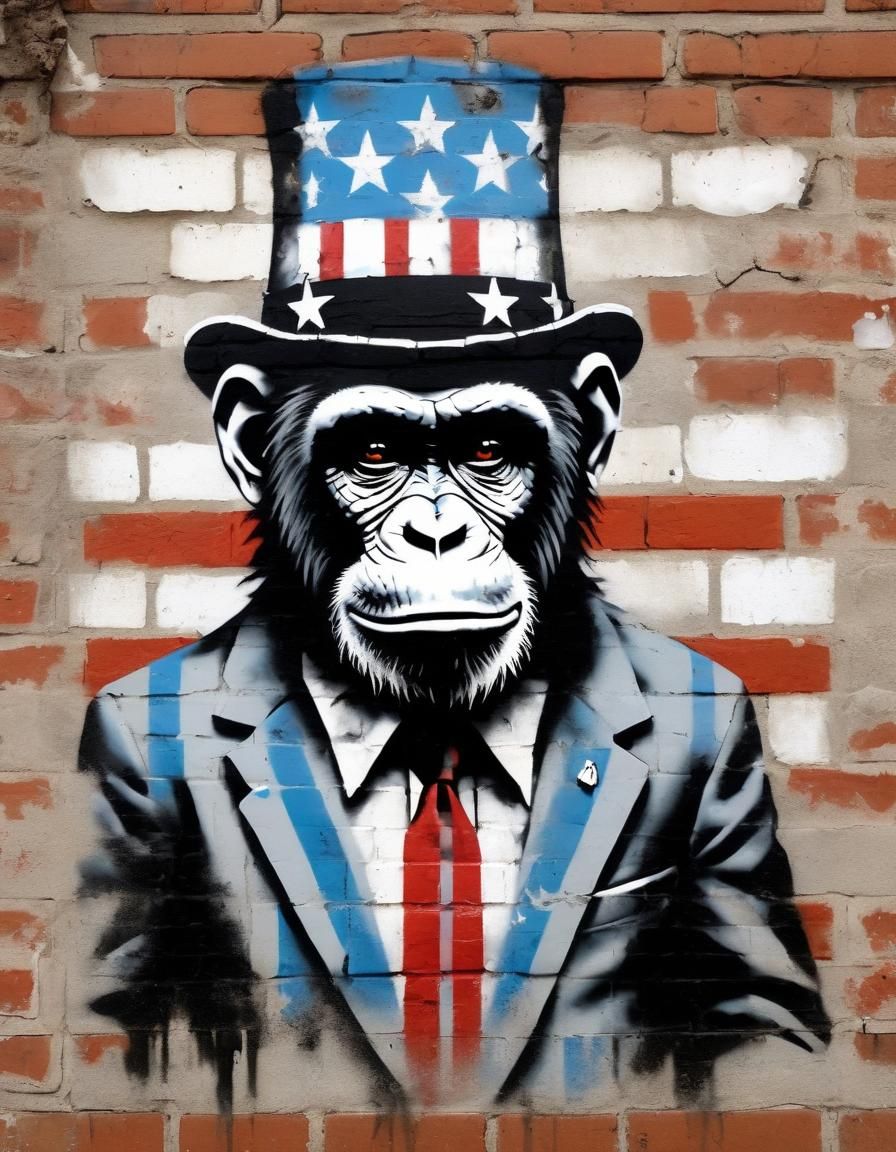 Banksy-Style Street Art: Ape on American Flag