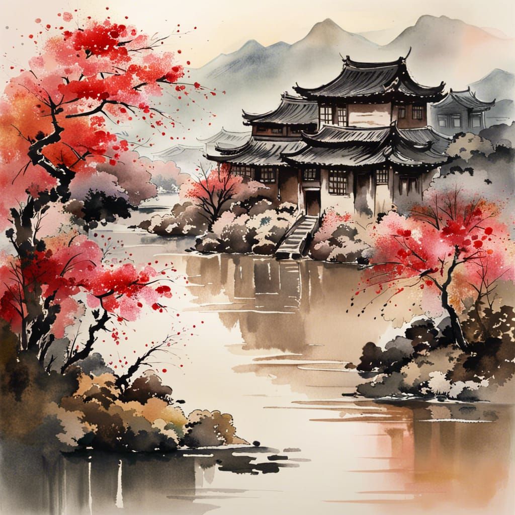 Chinese Villages in Muted Watercolor Landscape