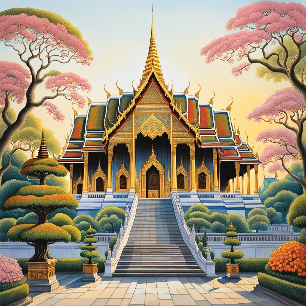 Vibrant Wat Pra Chaeo and Grand Palace in Springtime Bangkok