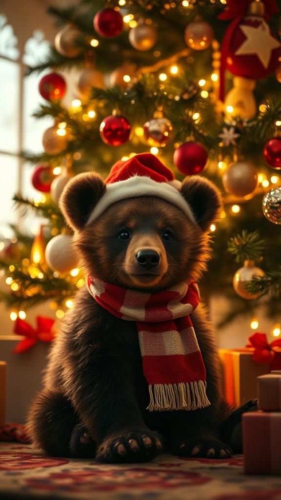 Cozy Christmas Wonderland with Adorable Bear Cub