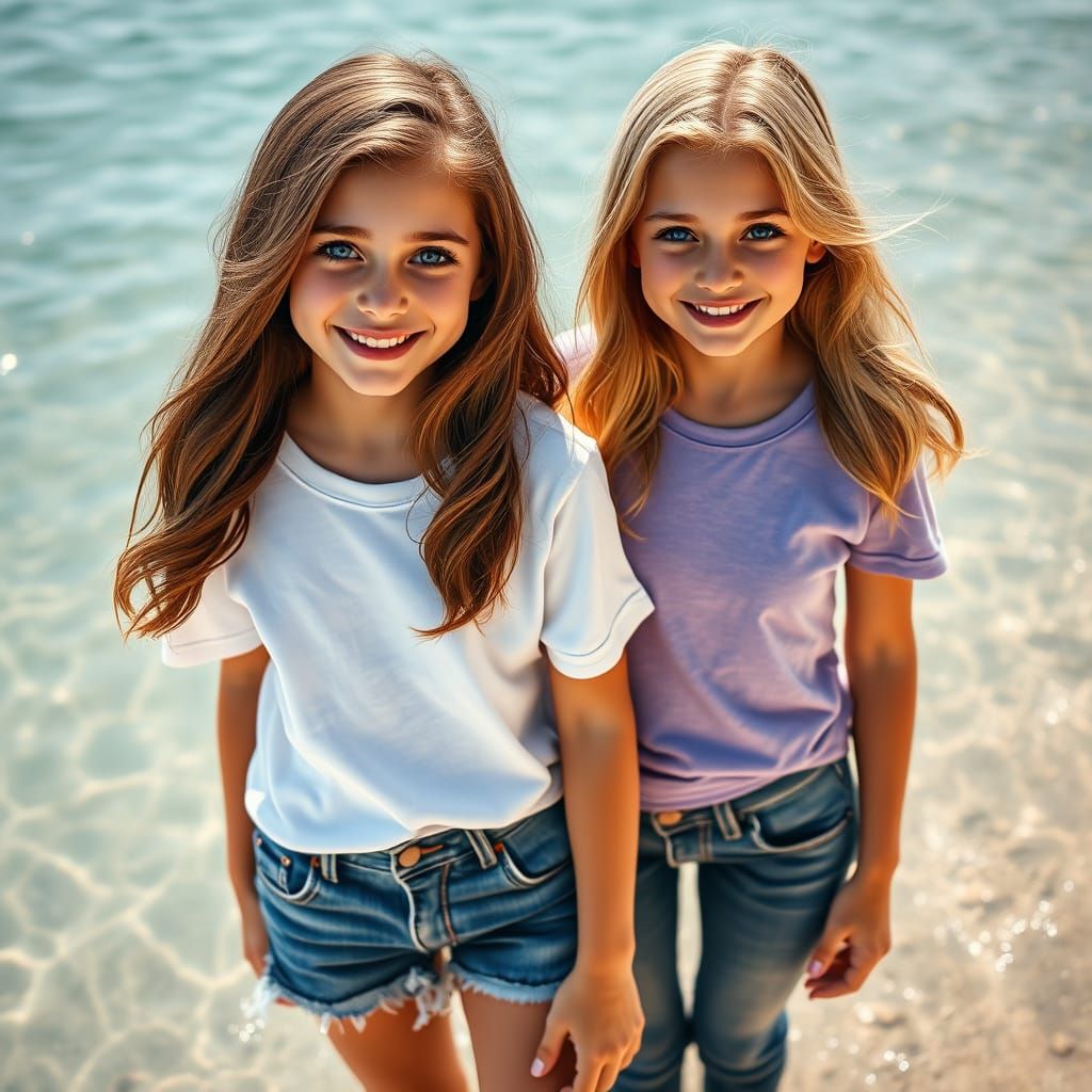 Sisters on Tranquil Beach, Radiant with Joy and Wonder