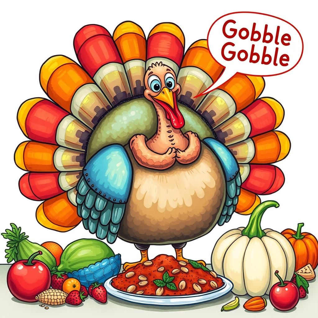 Whimsical Turkey Exclaims 'Gobble Gobble' in Colorful Illust...
