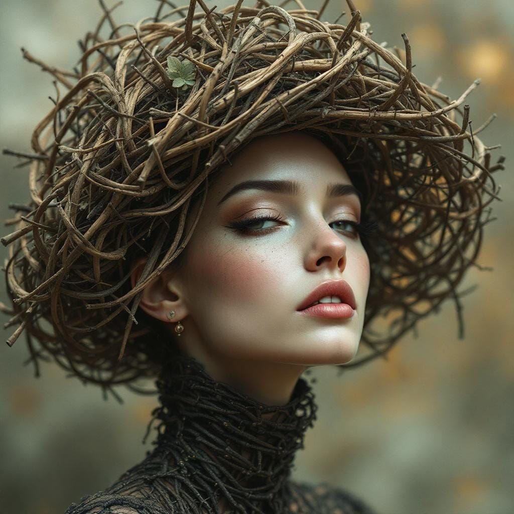 Surreal Woman with Hat of Sticks in Dreamscape
