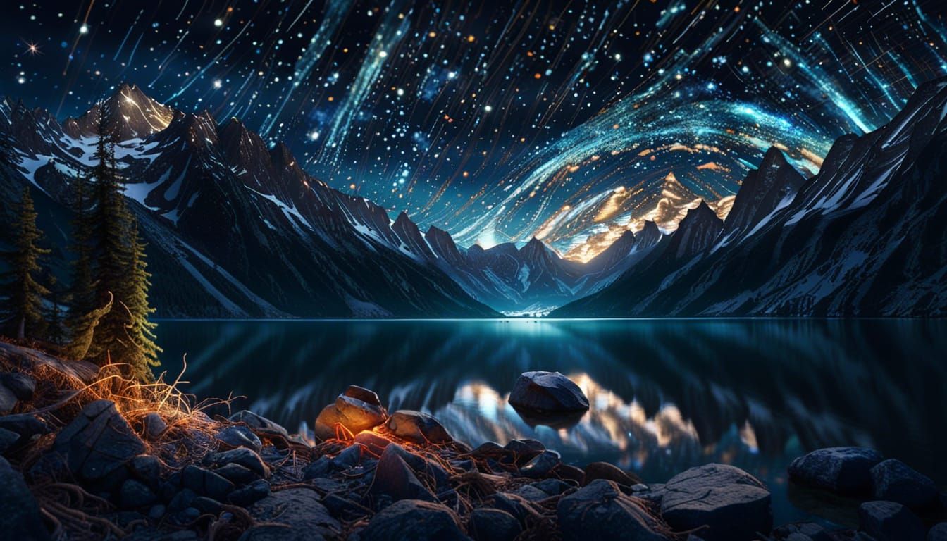 Hundreds of stars spin in the sky reflecting in mountain_lake, mountains around