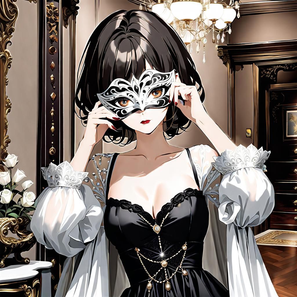 Anime Woman in Masquerade Mask, Renaissance Interior