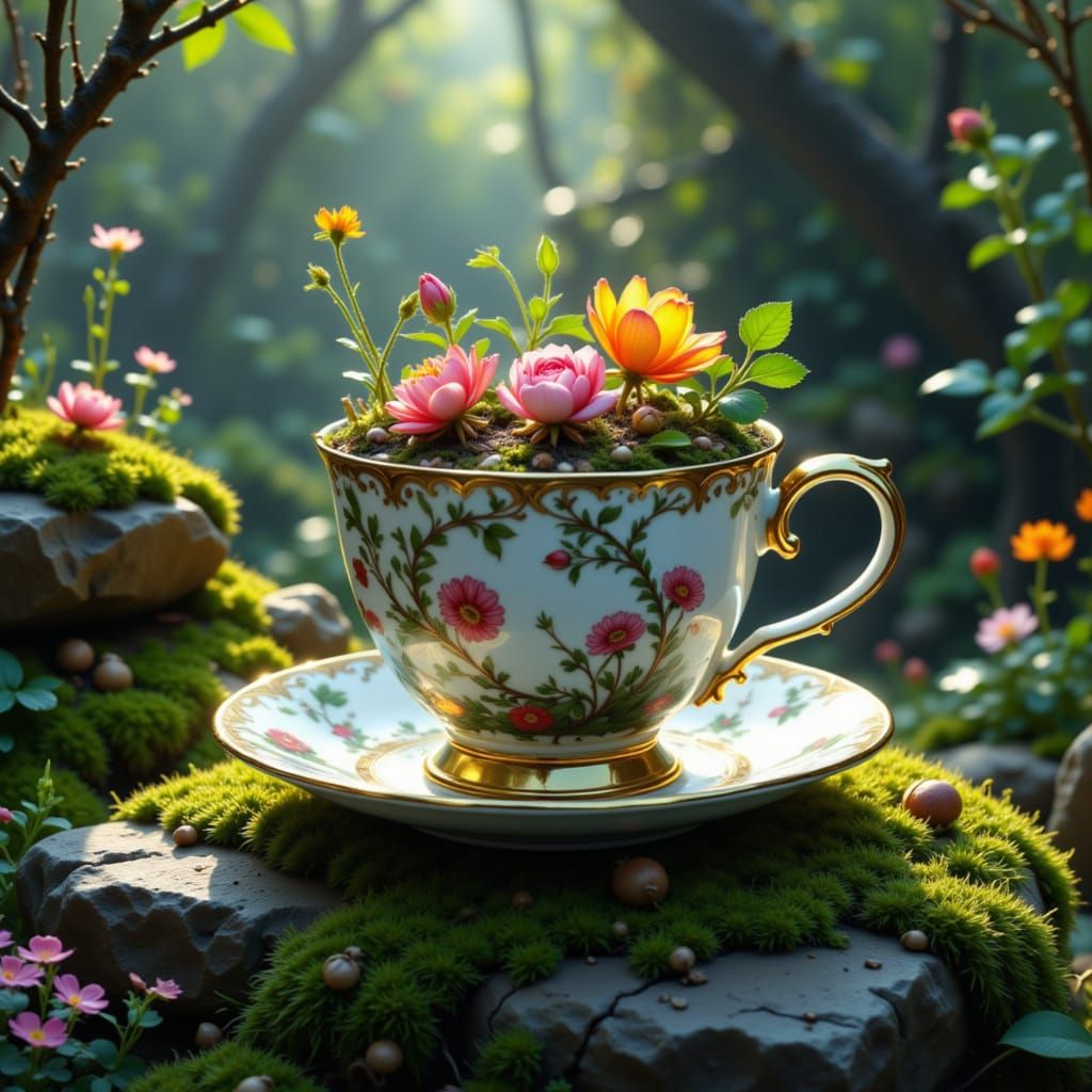 Whimsical Teacup Ecosystem in Magical Forest