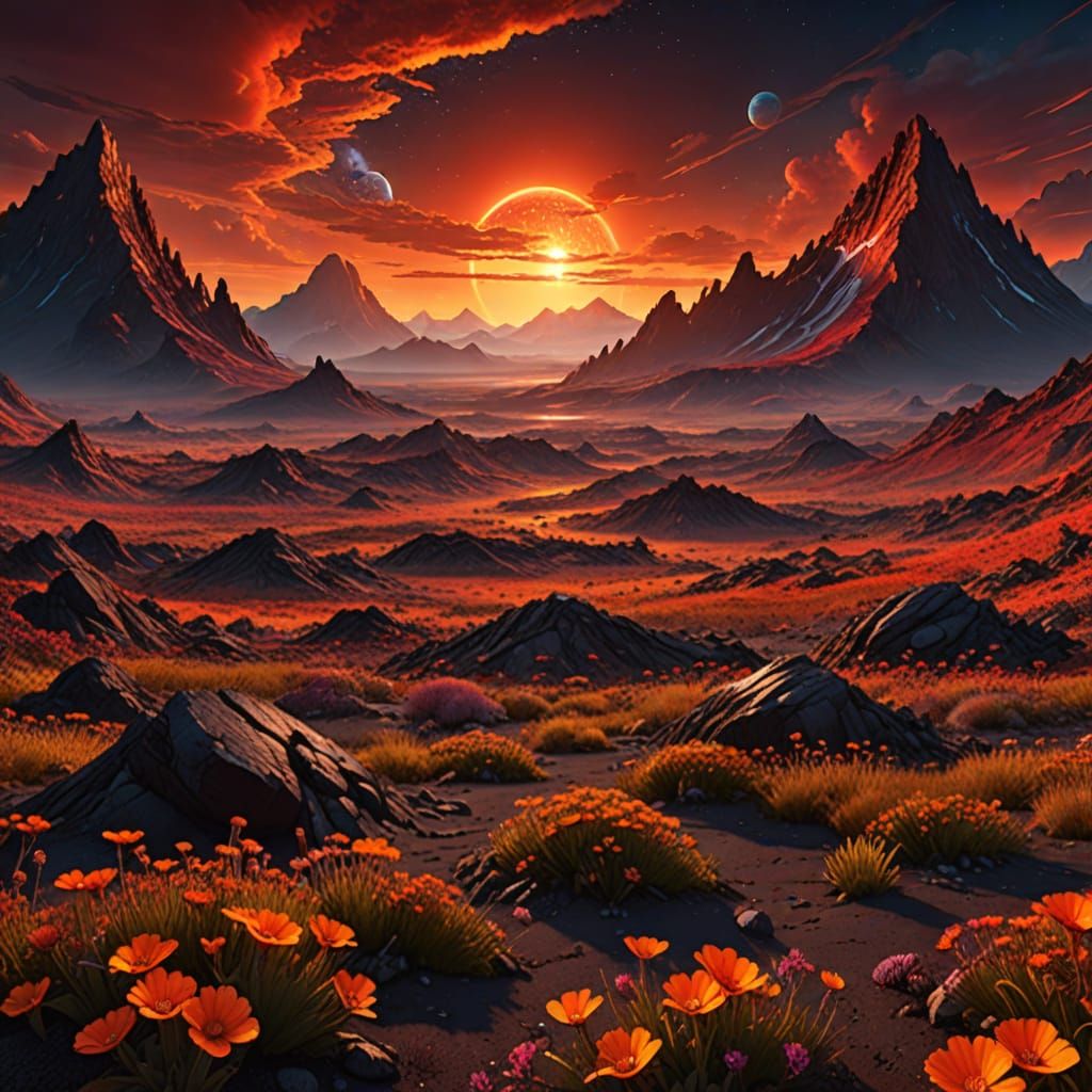 Surreal Alien World in Vibrant Sunset, with Fiery Planet and...