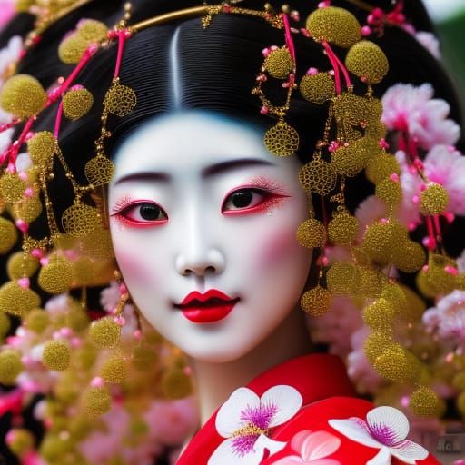 Japanese Woman in Kimono Among Cherry Blossoms