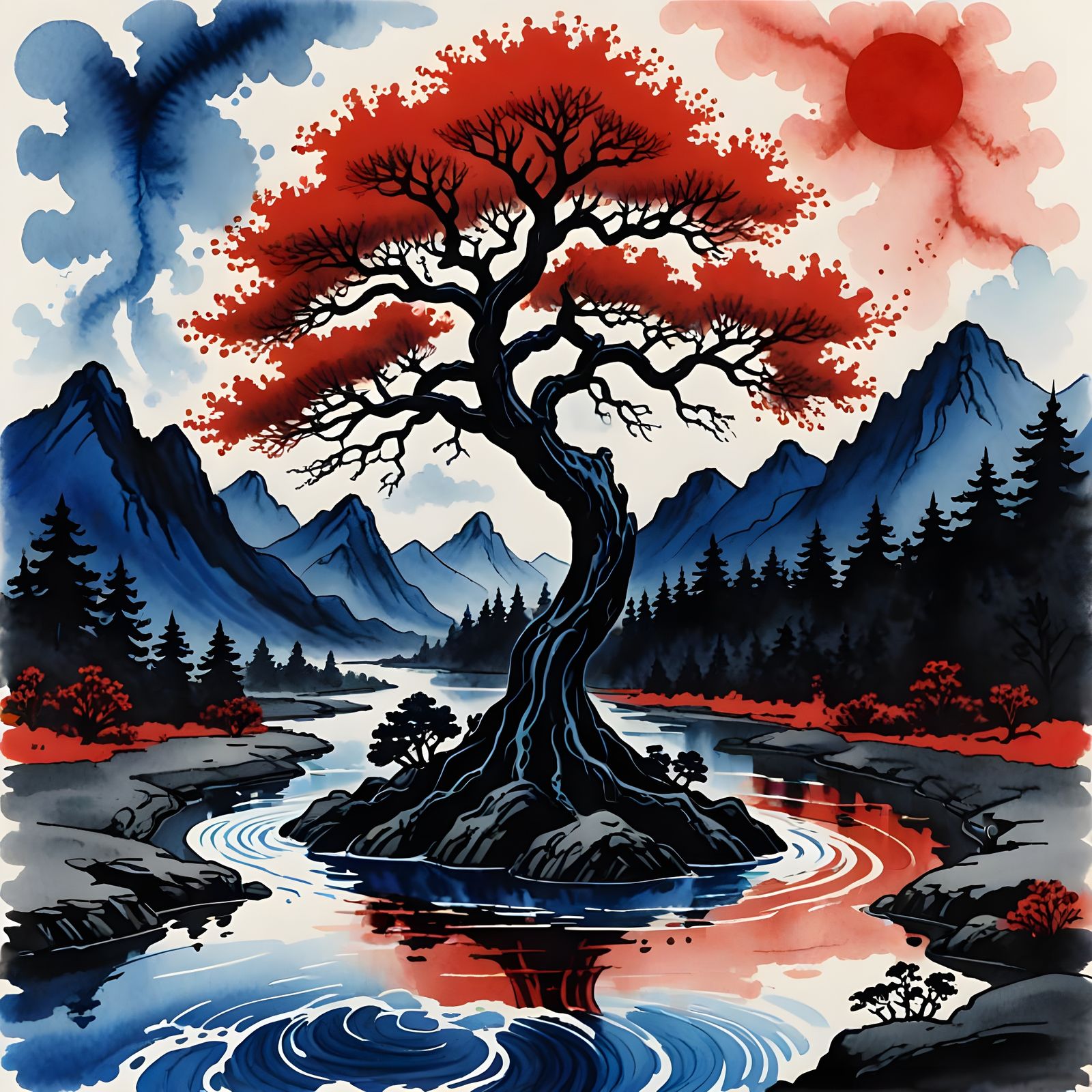 Mystical Sumi-e World Tree with Vibrant Colors