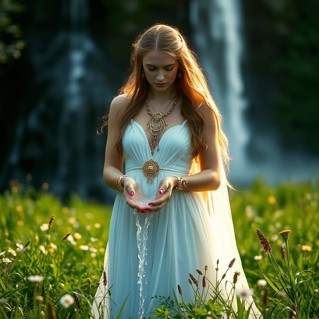 Celtic Goddess Holds Waterfall in Lush Meadow