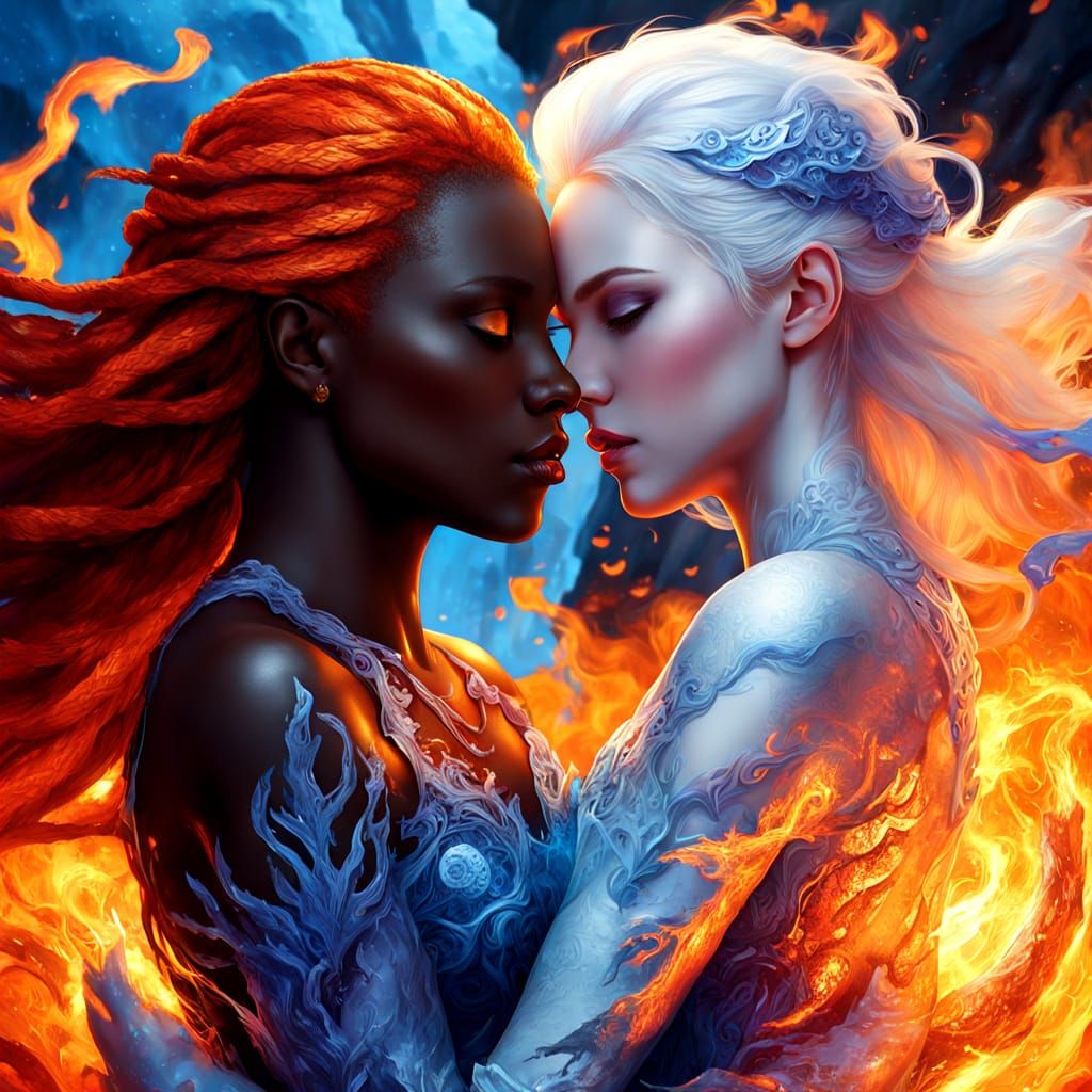 Sensual Flame and Ice Elementals in a Passionate Embrace