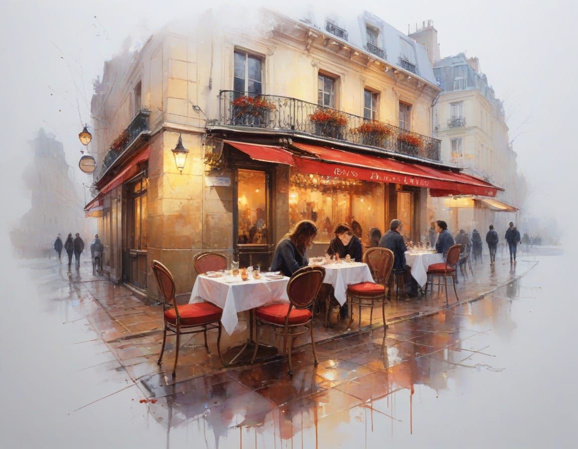 Snowy Parisian Cafe at Dusk in Watercolour Style