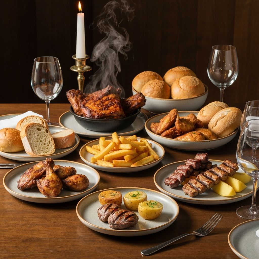 Luxurious Restaurant Meal with Roasted Meat and Fruit