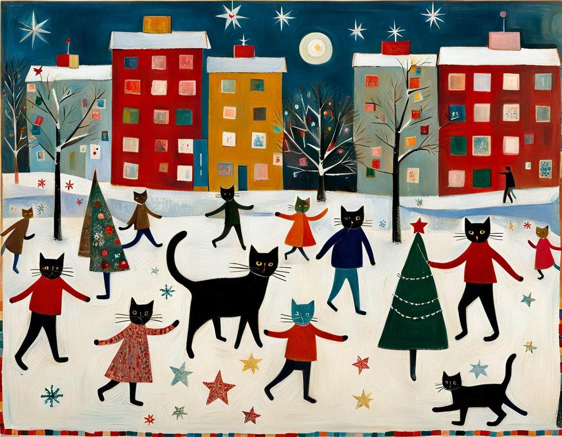 Cats Ice Skating on Christmas Eve