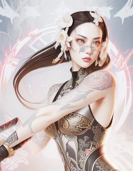 Cyberpunk Fantasy Goddess with Katana in Ornate Splendor