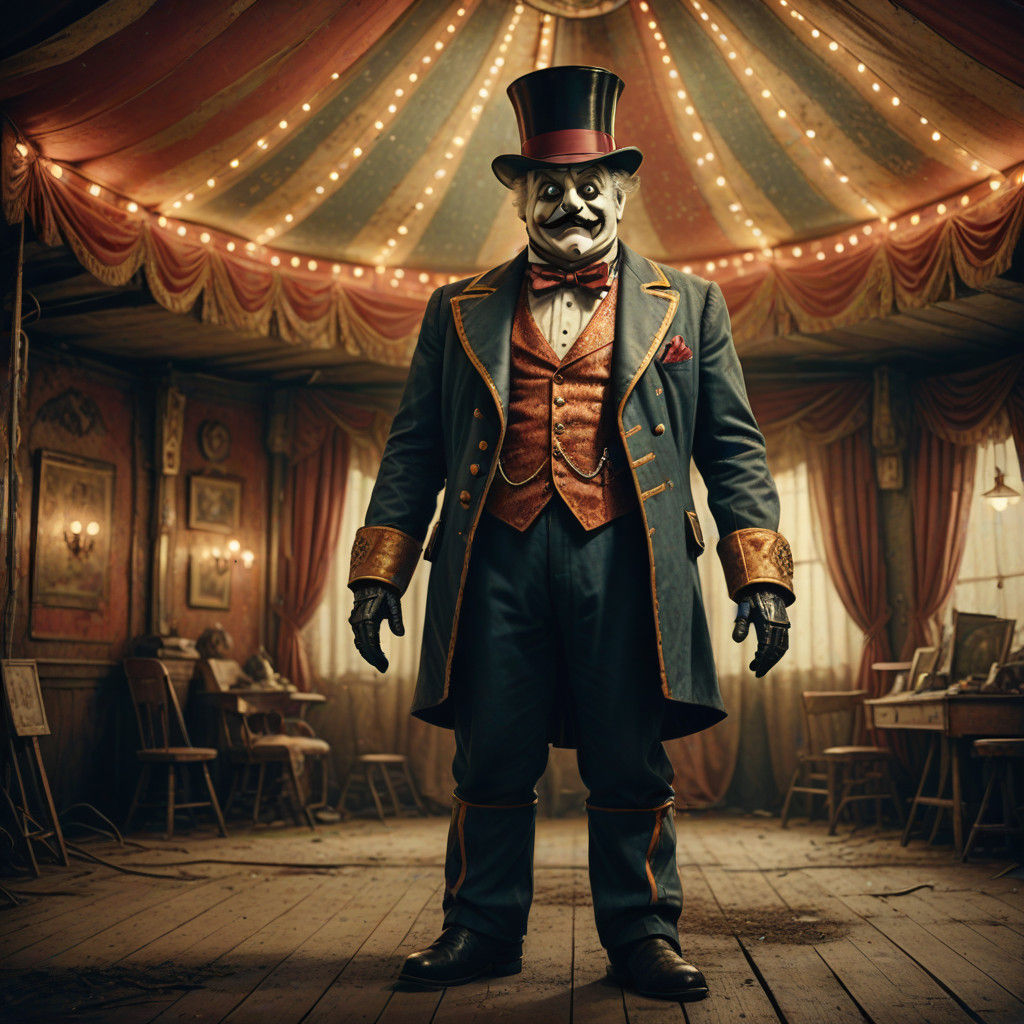 Retro-Futuristic Robot Ringmaster in Gritty Circus Setting