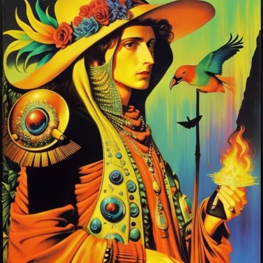 Psychedelic Man with Birds and Fire in Surrealist Style