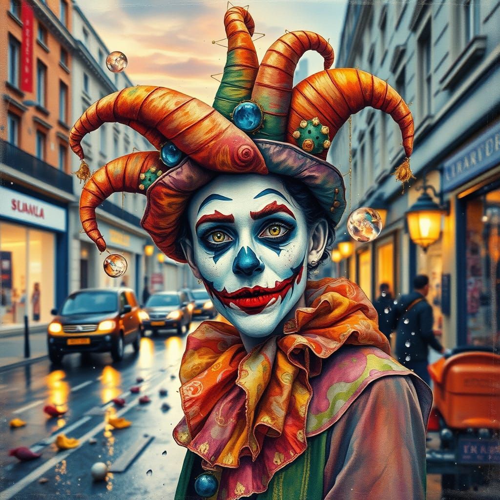 Cosmic Jester Amidst Rain-Soaked London Street in Dreamy Wat...