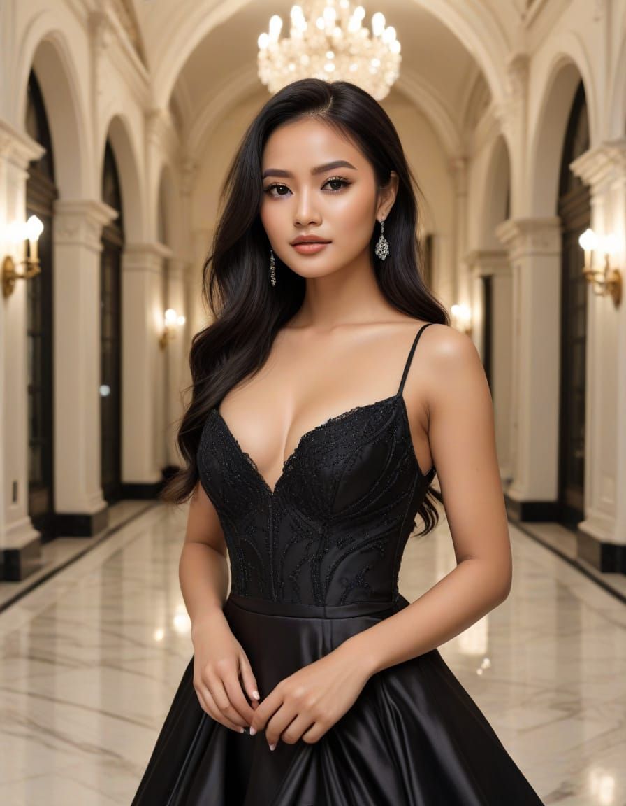 Indonesian Woman in Satin Gown at Night