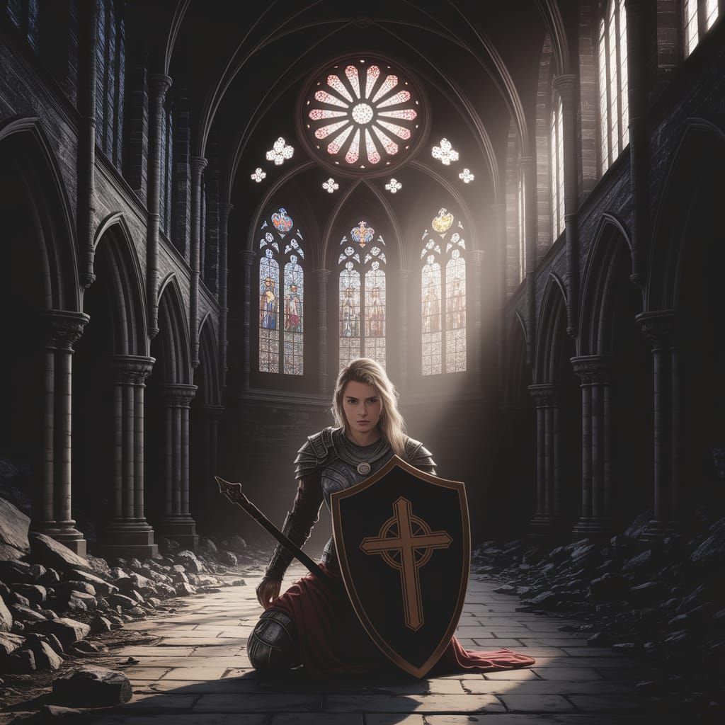 Warrior Woman Kneels in Ruined Cathedral: Christian Art