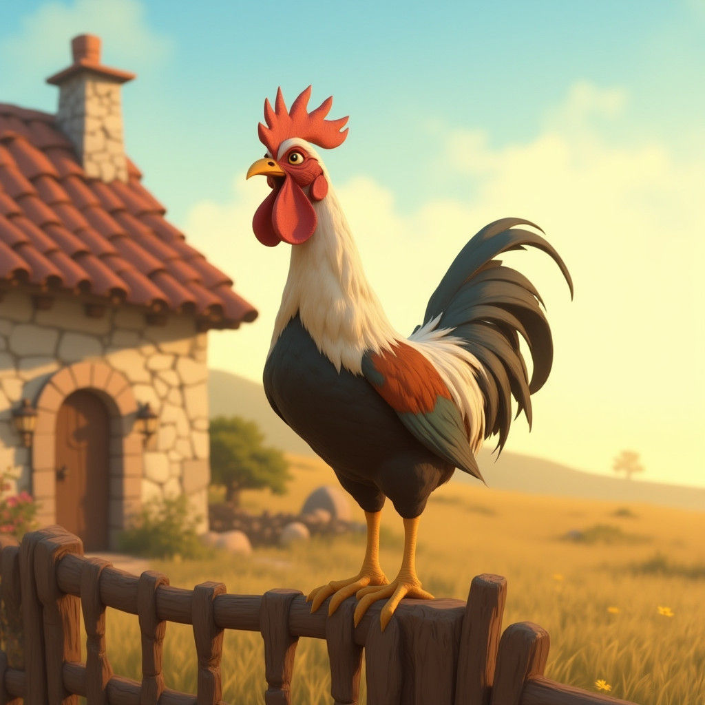 Rooster Crowing at Dawn in 3D Pixar Style
