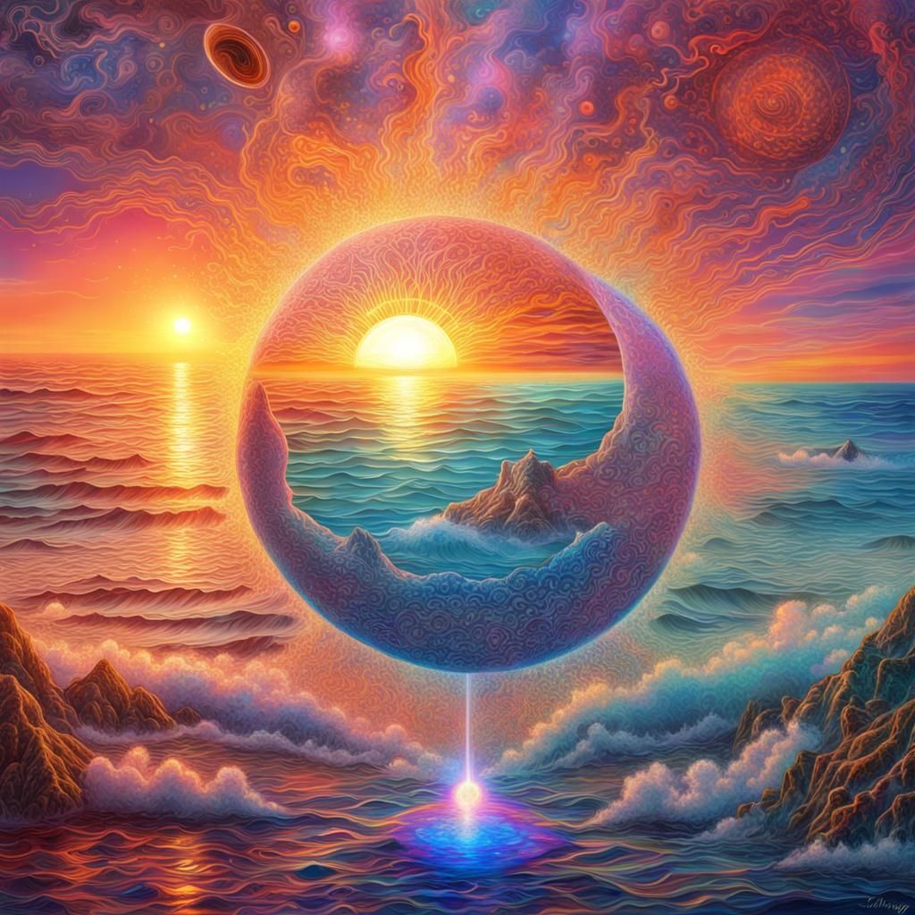 Cosmic Sunrise Over Ocean: Holographic Astral Illustration