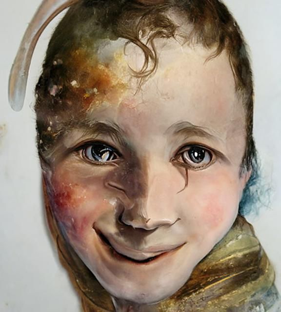 Smiling Boy Portrait in Watercolor Seascape Style