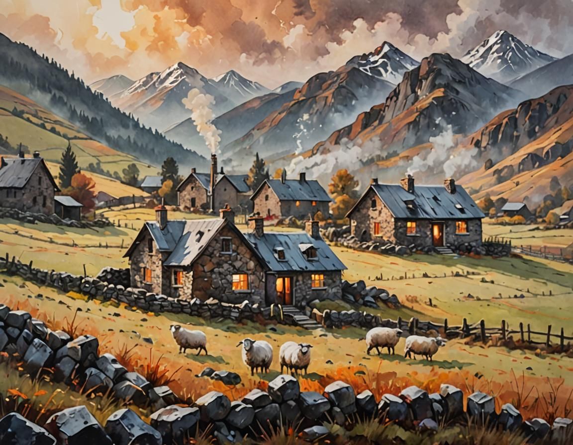 Misty Highland Houses in Rustic Acrylic Painting