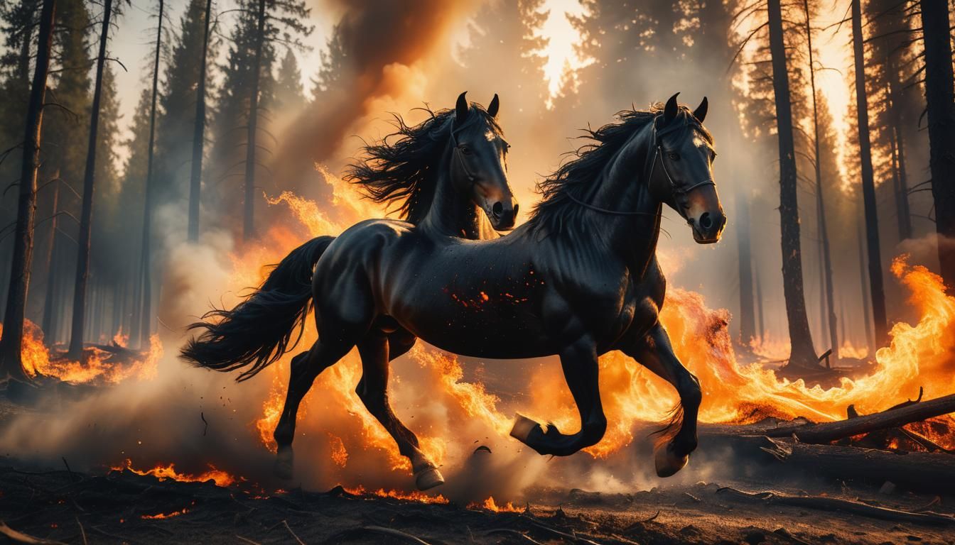 Haunting Elegance: Black Friesian Horse Flees Fiery Inferno