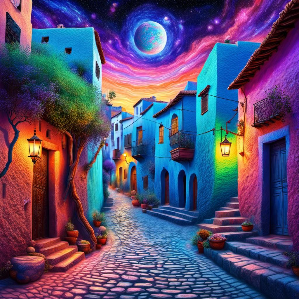 Moroccan Street at Night in Cosmic Illustration Style