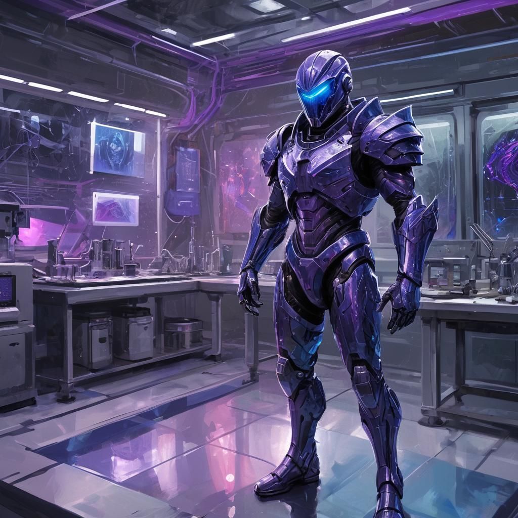 Armored Figure in Futuristic Lab Concept Art