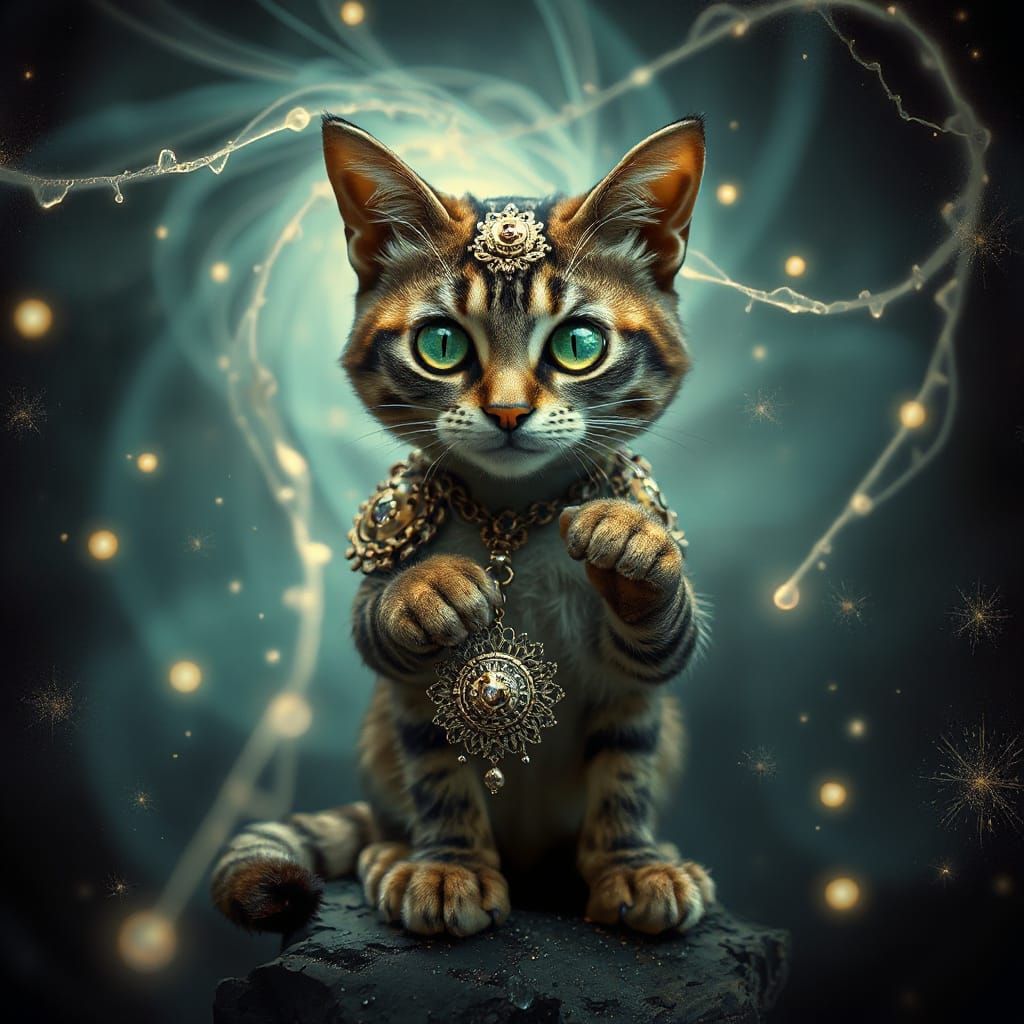 Dreamlike Cat Sits Amidst Swirling Vortex of Ethereal Lights