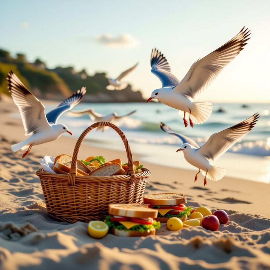 Seagulls Attack Lunch Basket on Sunny Beach
