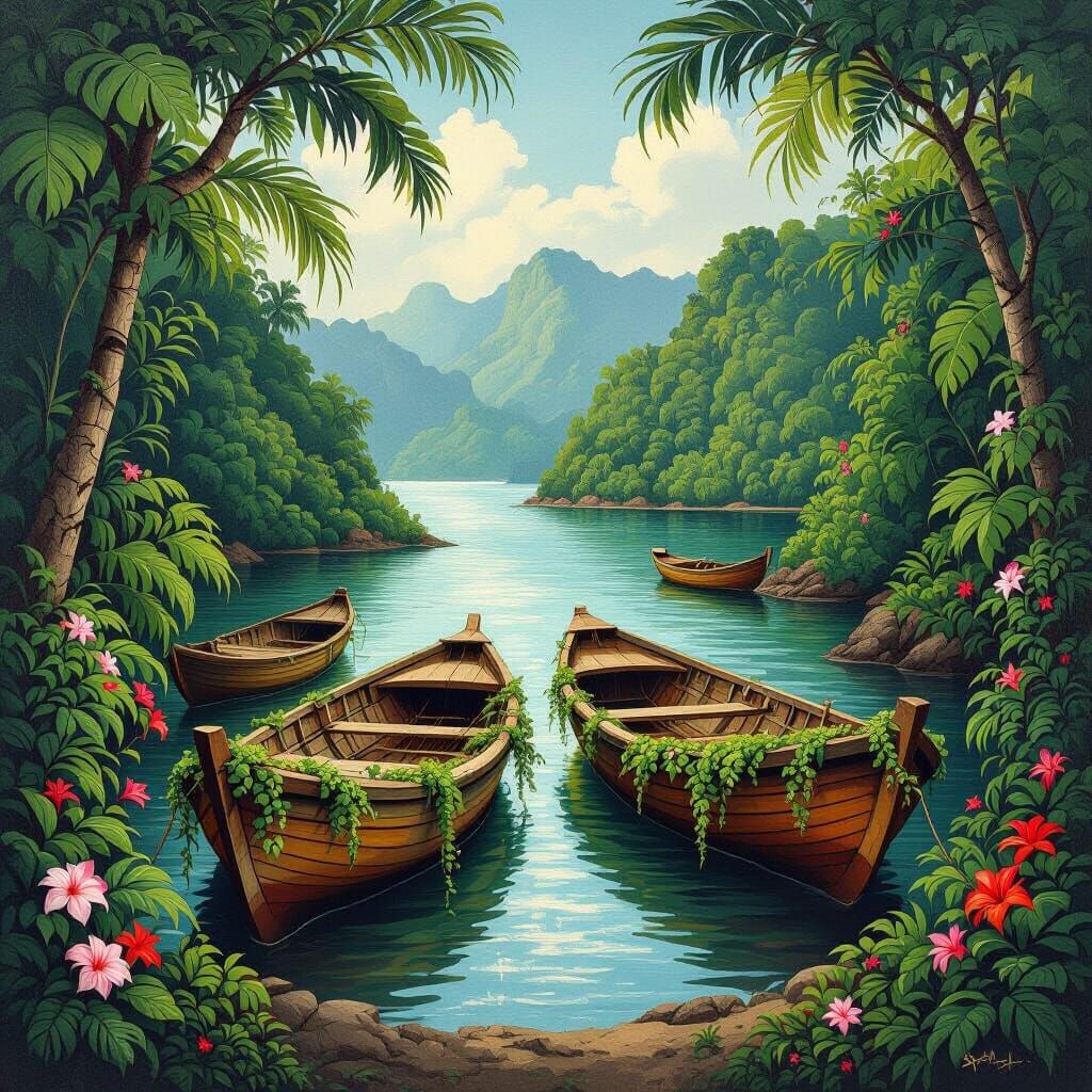 Hidden Jungle Harbour with Vine-Covered Boats