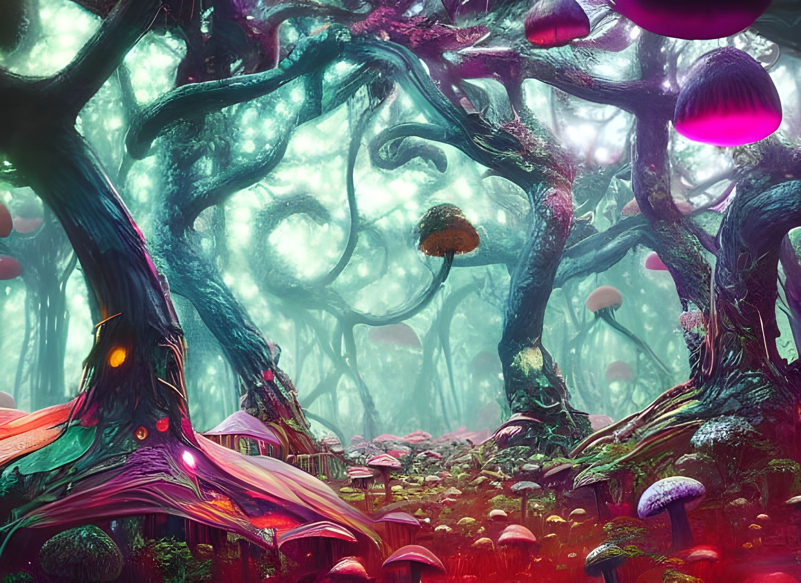 Surreal Mushroom Forest in Neon Splash Art Style