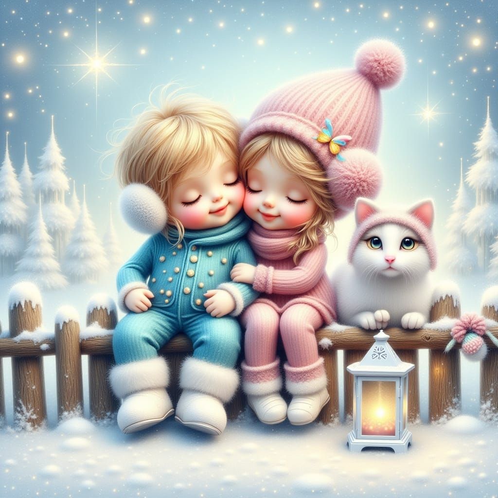 Whimsical Snowy Scene with Children and Kitten