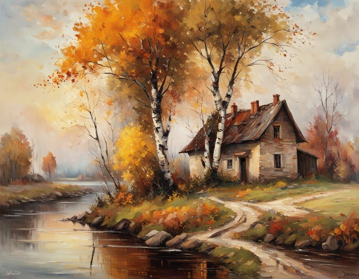 Autumn House and Birch Tree Oil Painting with Falling Leaves