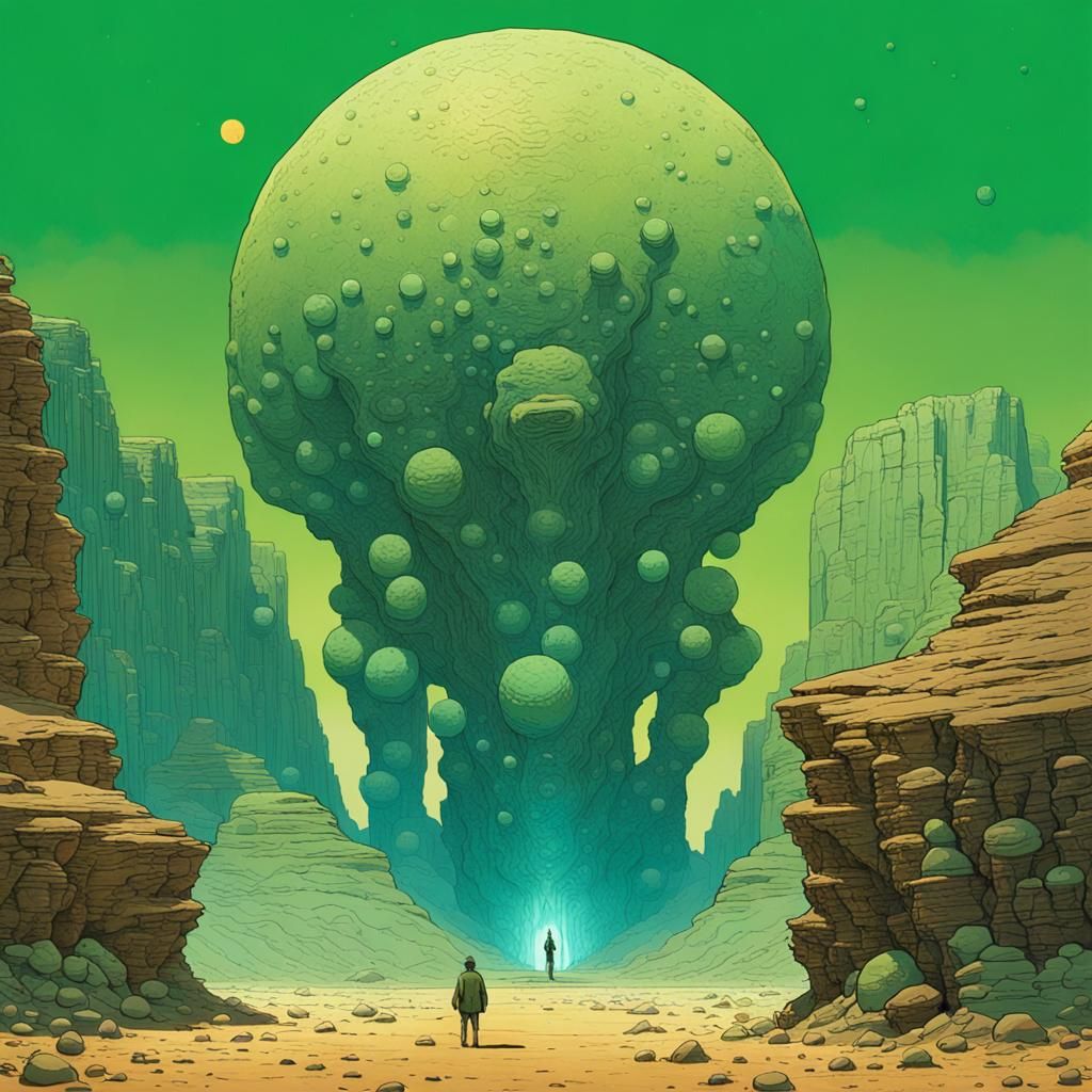 Prehistoric Alien Sculpture in Jade Canyon, Ligne Claire Art