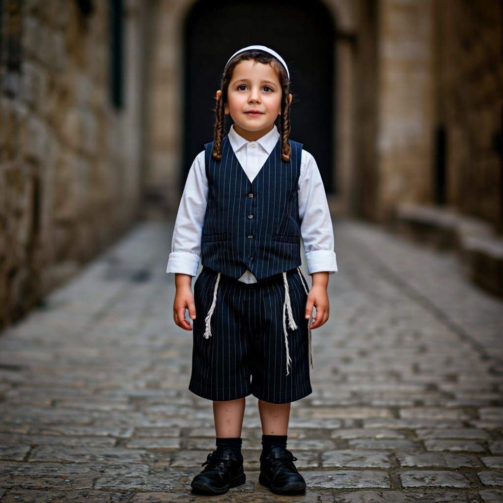 Hasidic Boy in Traditional Shabbat Attire, Kortze Huizen Sty...